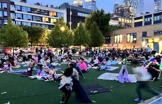 Outdoor movie looking toward school.