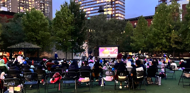 Outdoor movie looking toward screen.